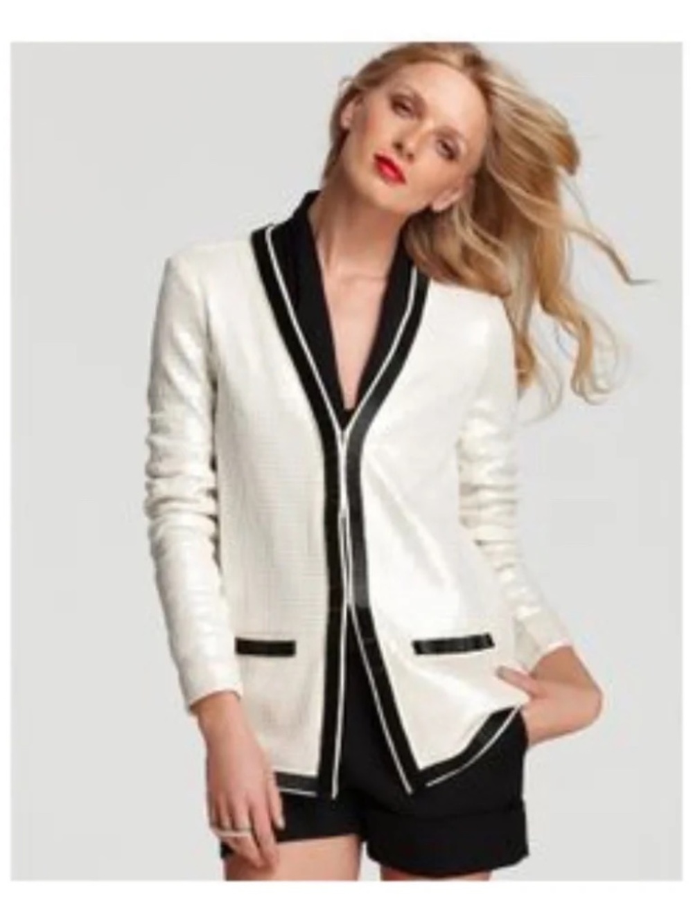 Rachel Zoe Ivory Sequin Blazer Black Trim Size M Glam Evening Jacket